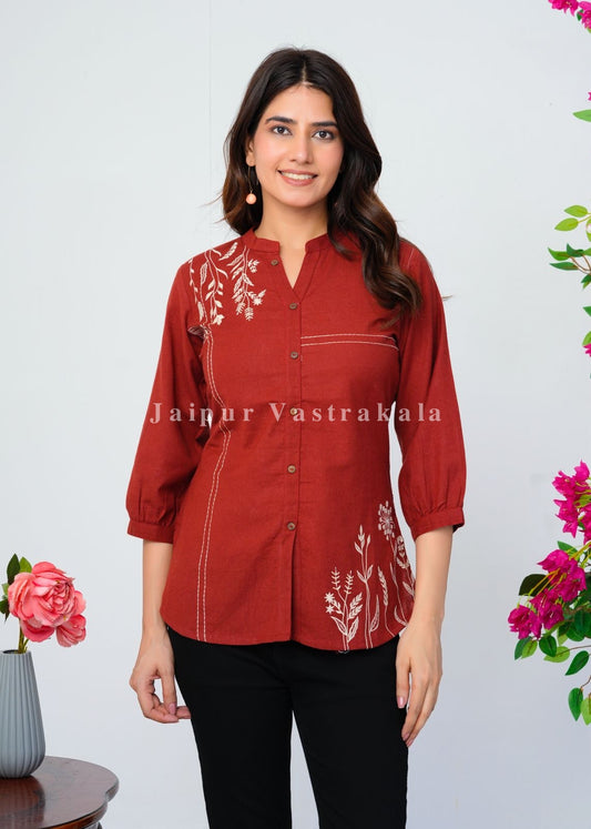 Rust Orange Vines Embroidery Cotton Linen Top