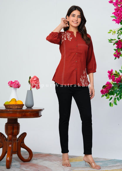 Rust Orange Vines Embroidery Cotton Linen Top