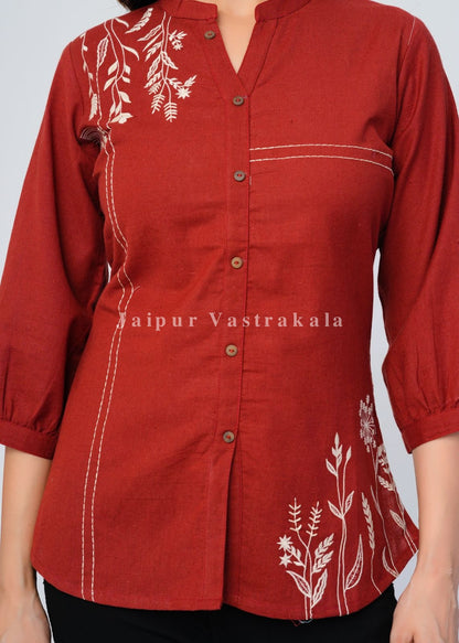 Rust Orange Vines Embroidery Cotton Linen Top