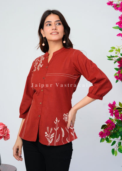 Rust Orange Vines Embroidery Cotton Linen Top