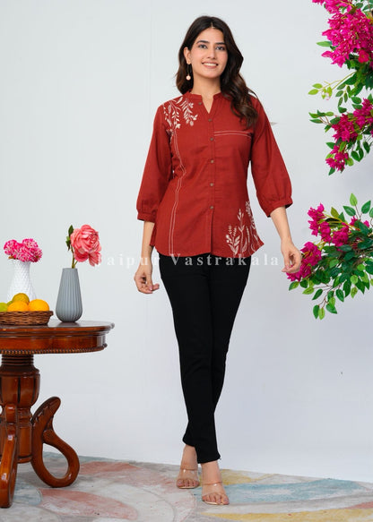 Rust Orange Vines Embroidery Cotton Linen Top