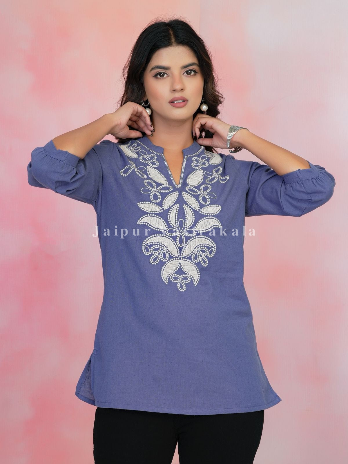 Lilac Aarohi Embroidery Cotton Linen Top
