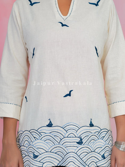 White Beach Embroidery Cotton Linen Top