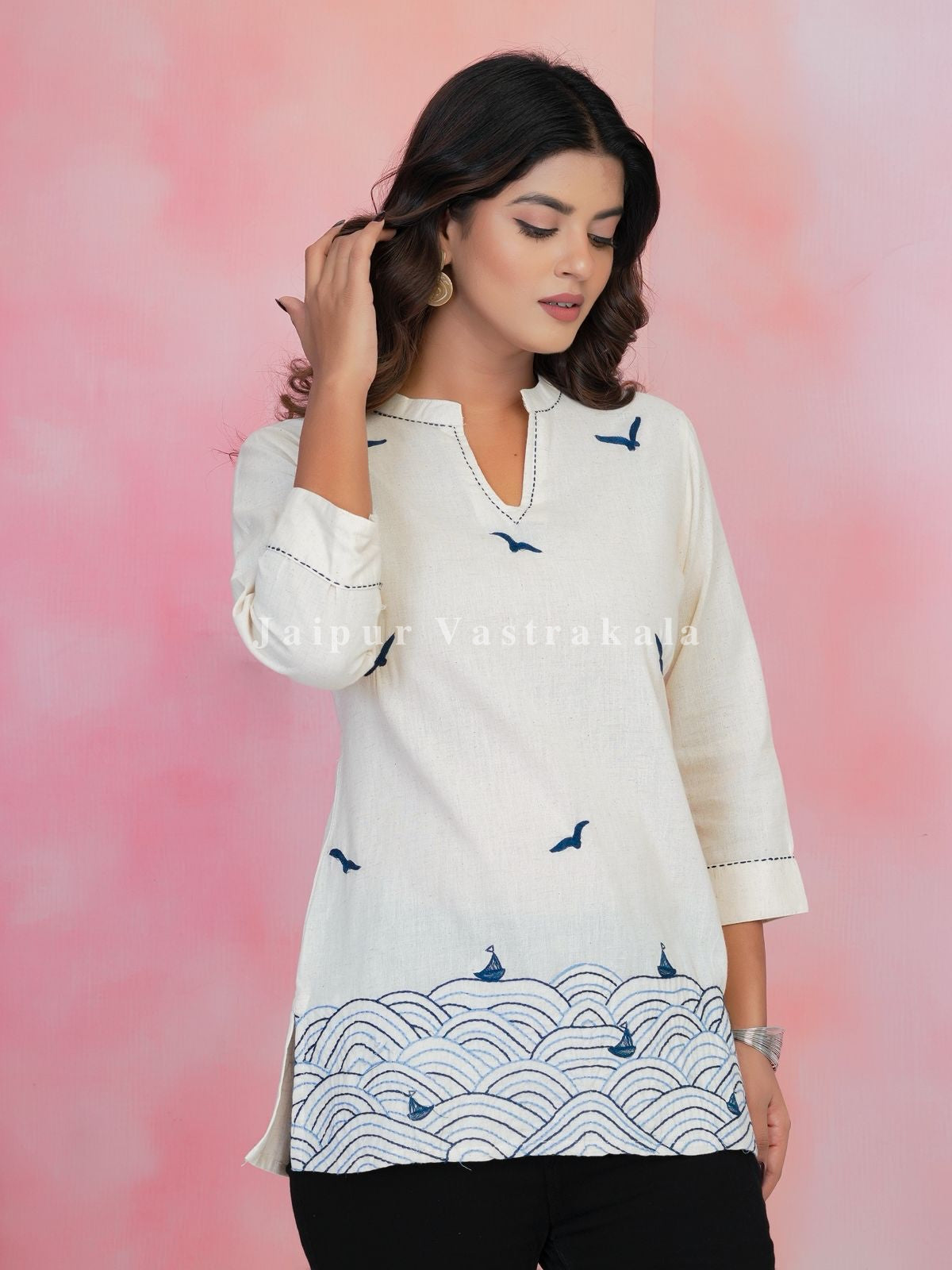 White Beach Embroidery Cotton Linen Top