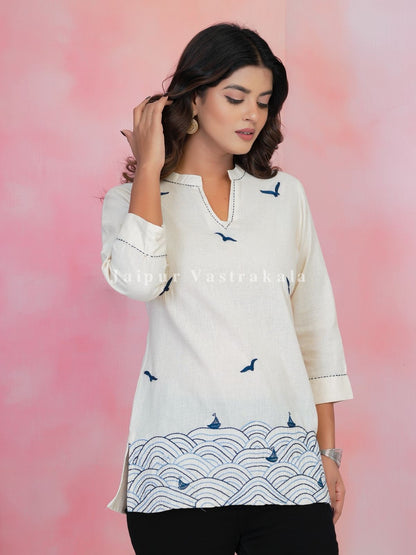 White Beach Embroidery Cotton Linen Top