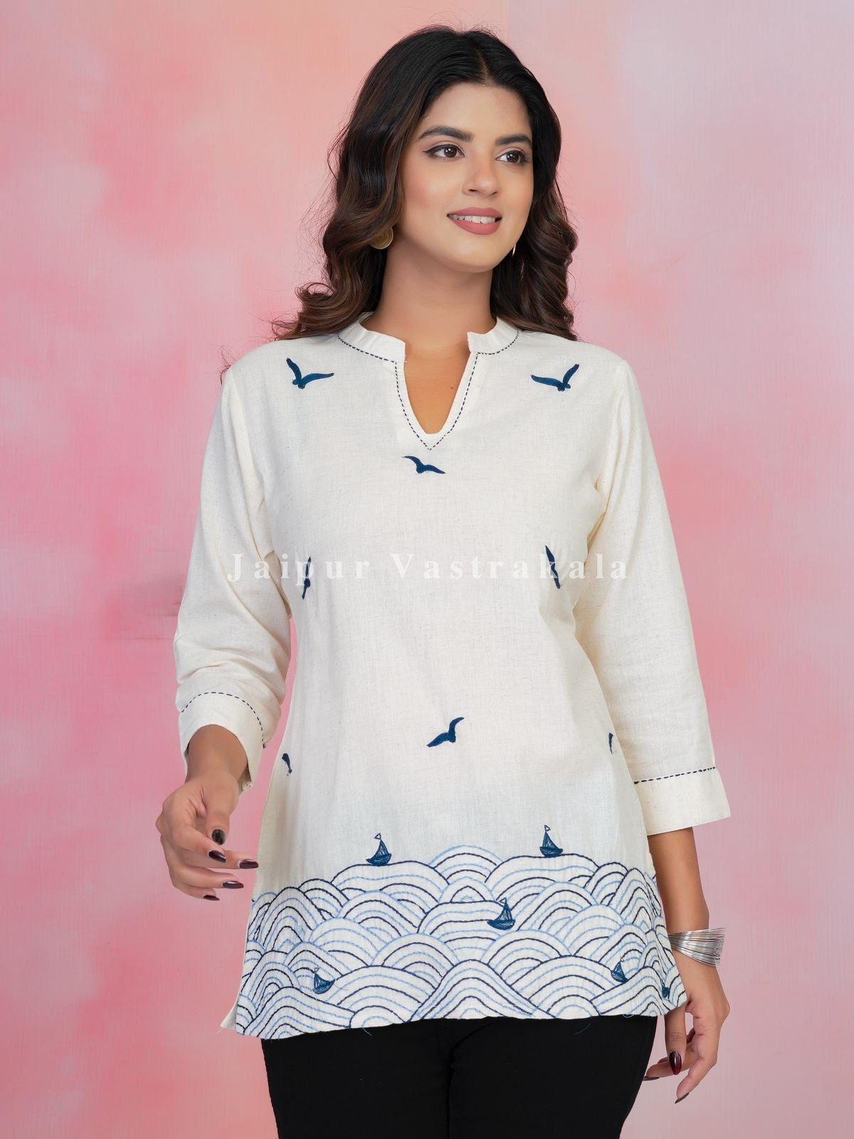 White Beach Embroidery Cotton Linen Top