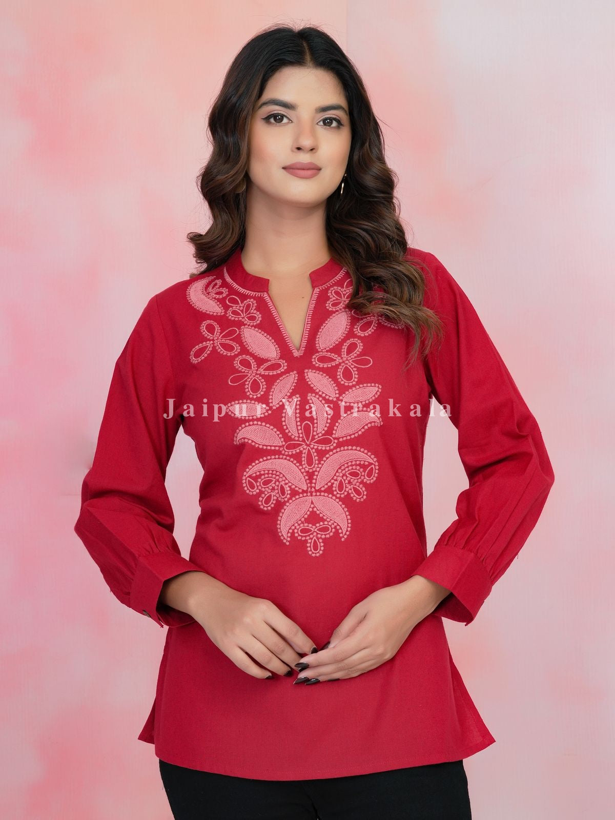Red Aarohi Embroidery Cotton Linen Top