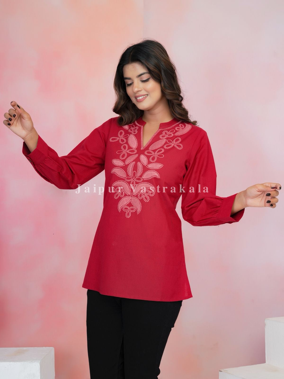 Red Aarohi Embroidery Cotton Linen Top