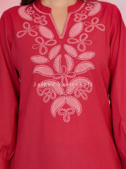 Red Aarohi Embroidery Cotton Linen Top