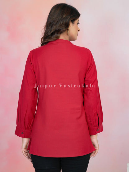 Red Aarohi Embroidery Cotton Linen Top