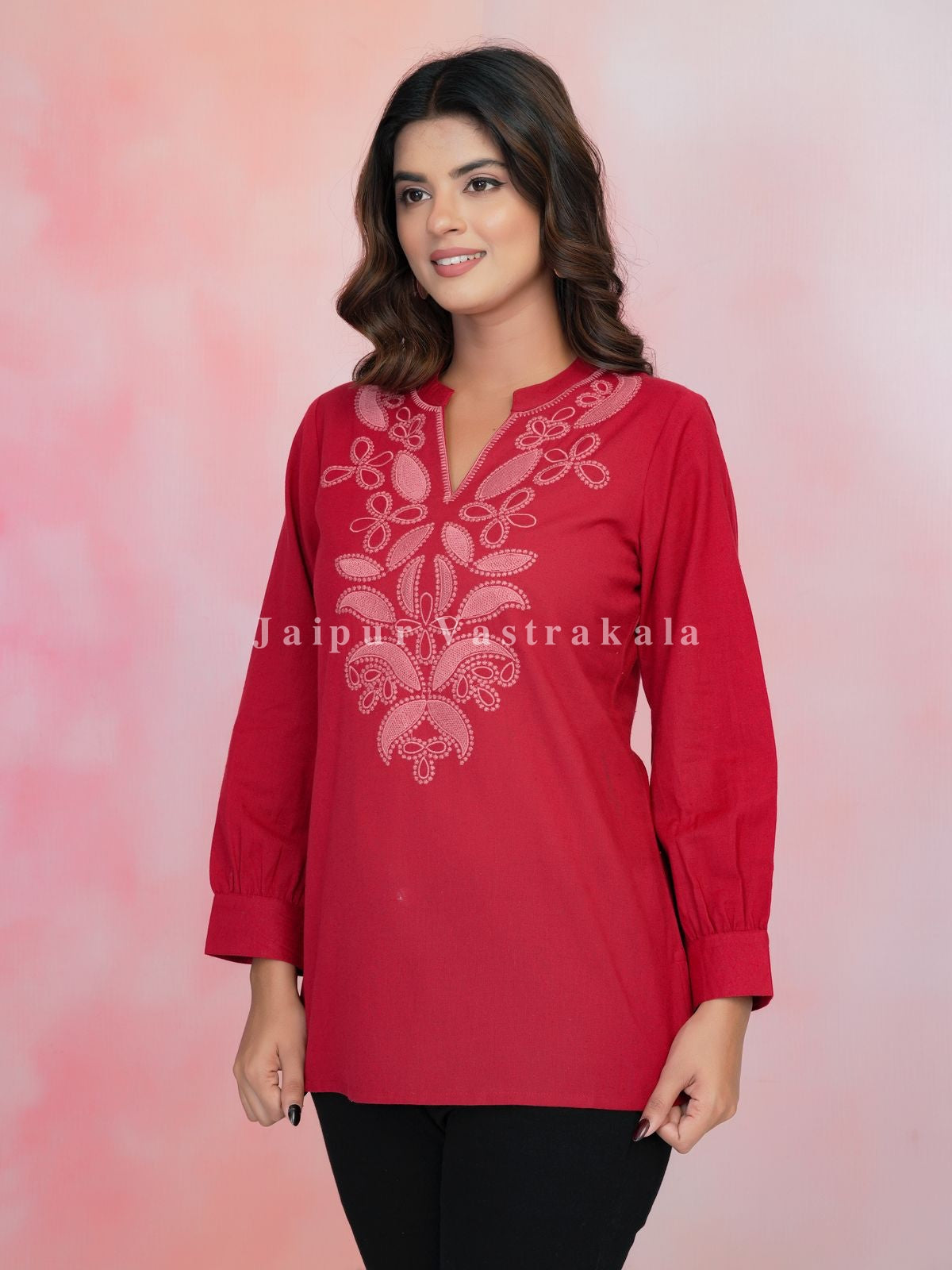 Red Aarohi Embroidery Cotton Linen Top