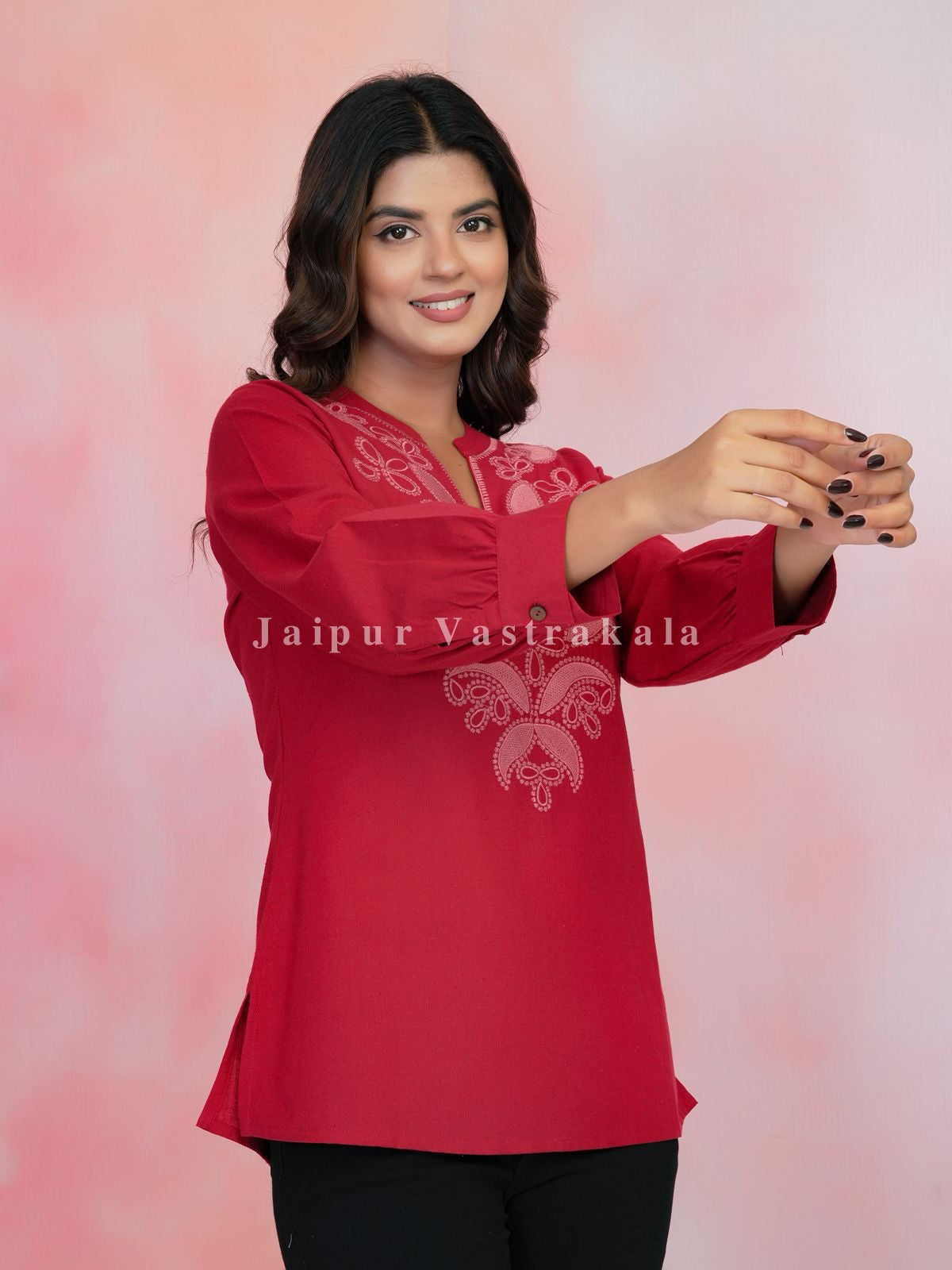 Red Aarohi Embroidery Cotton Linen Top