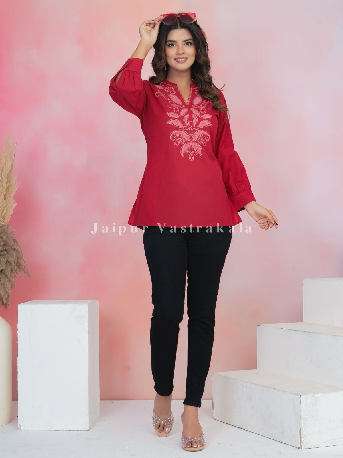 Red Aarohi Embroidery Cotton Linen Top