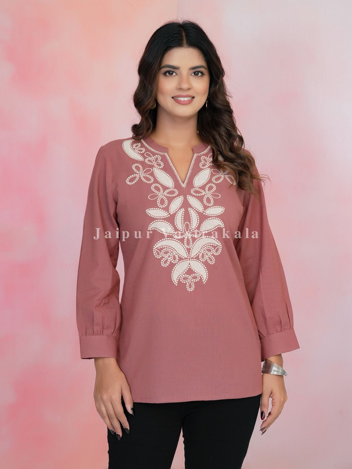 Peach Aarohi Embroidery Cotton Linen Top
