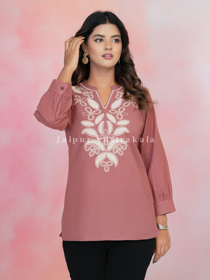 Peach Aarohi Embroidery Cotton Linen Top