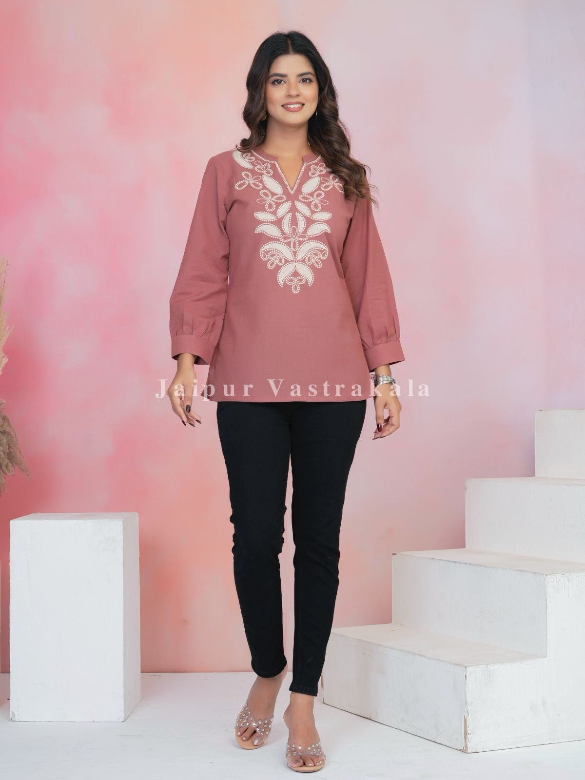 Peach Aarohi Embroidery Cotton Linen Top