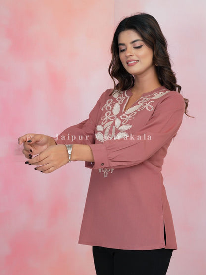 Peach Aarohi Embroidery Cotton Linen Top