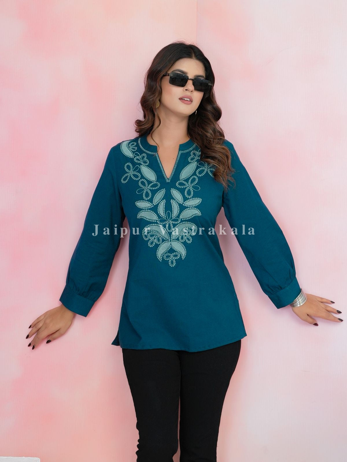 Teal Aarohi Embroidery Cotton Linen Top