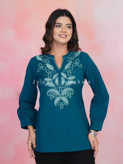 Teal Aarohi Embroidery Cotton Linen Top