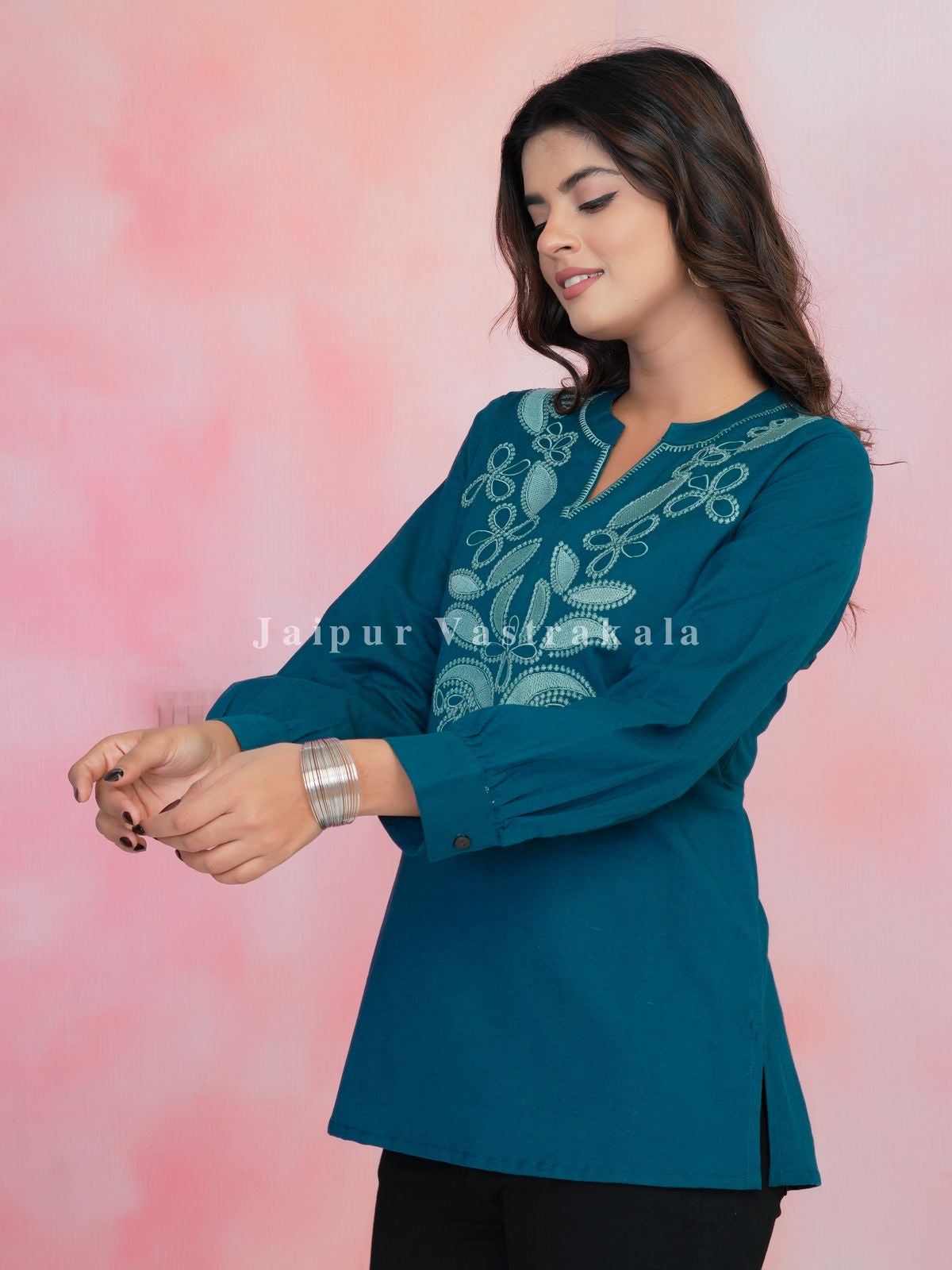 Teal Aarohi Embroidery Cotton Linen Top