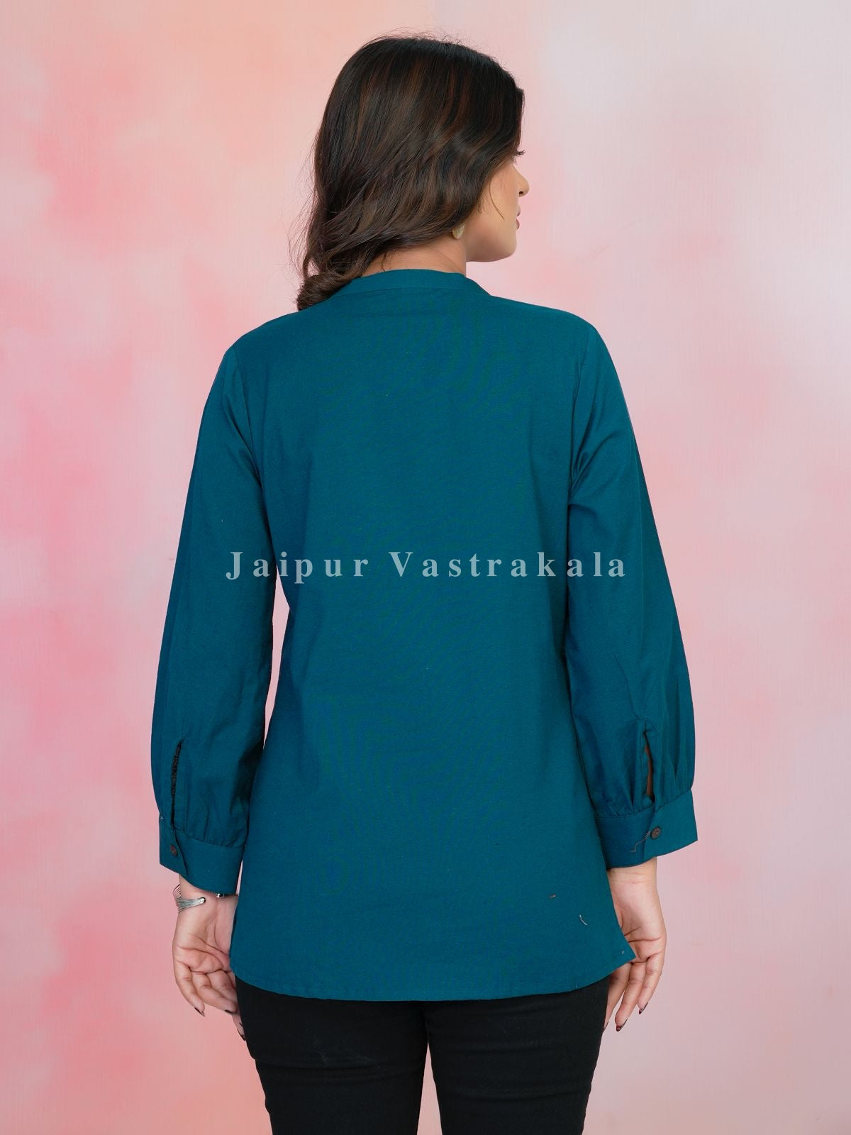 Teal Aarohi Embroidery Cotton Linen Top