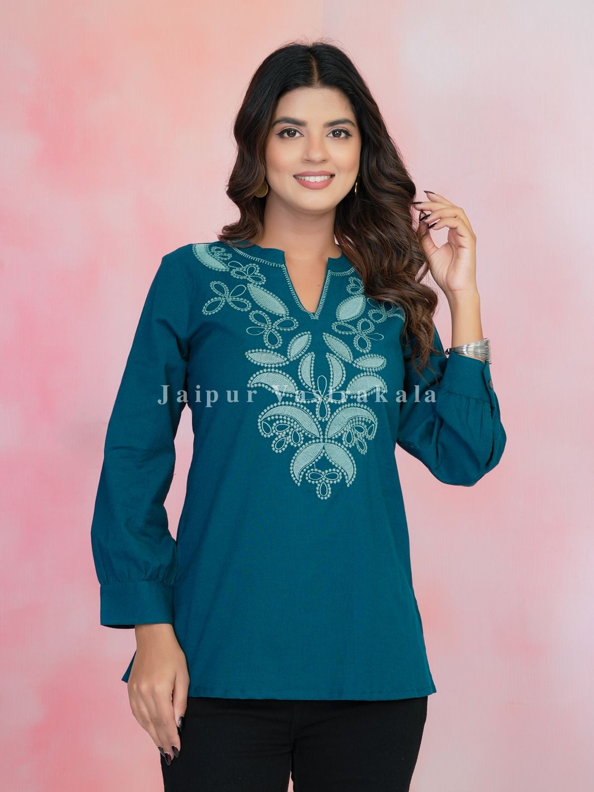 Teal Aarohi Embroidery Cotton Linen Top