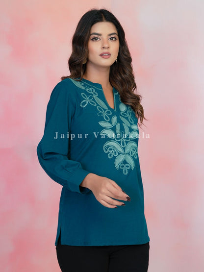Teal Aarohi Embroidery Cotton Linen Top