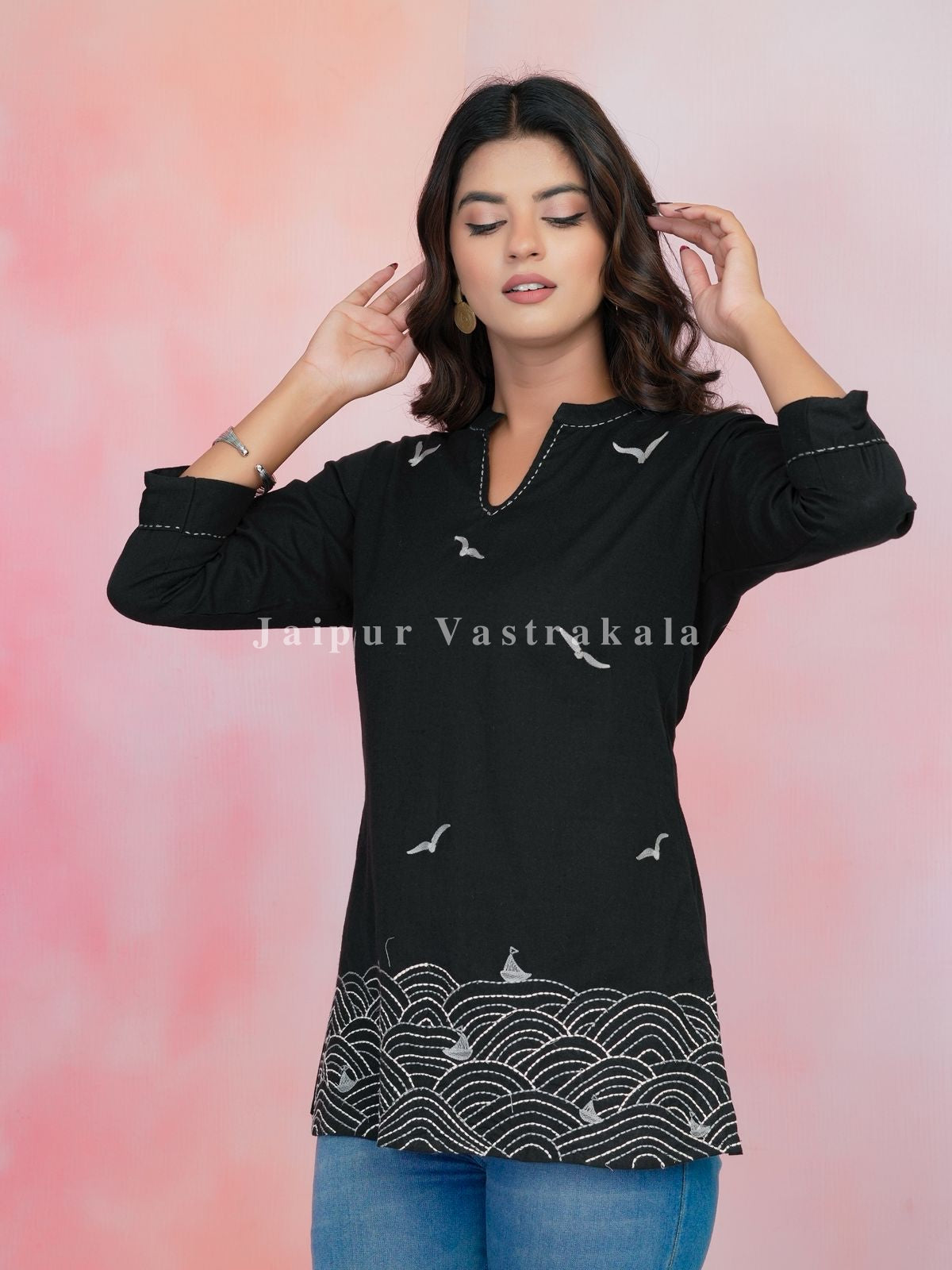 Black Beach Embroidery Cotton Linen Top