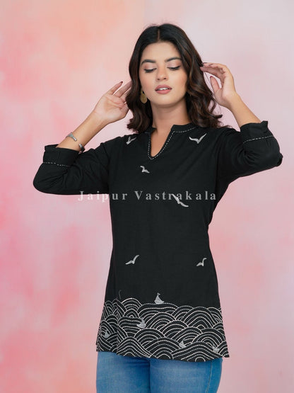 Black Beach Embroidery Cotton Linen Top