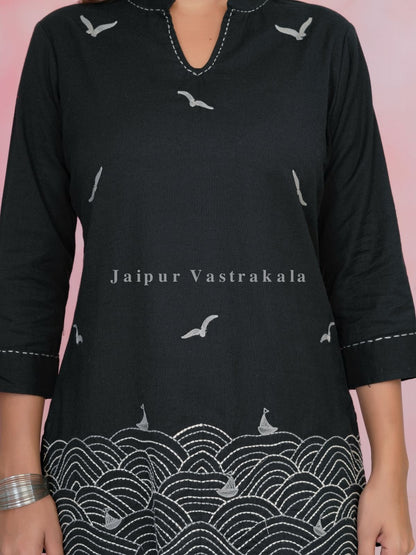Black Beach Embroidery Cotton Linen Top