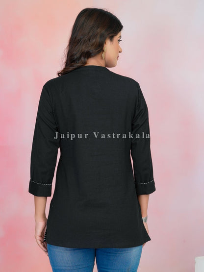 Black Beach Embroidery Cotton Linen Top