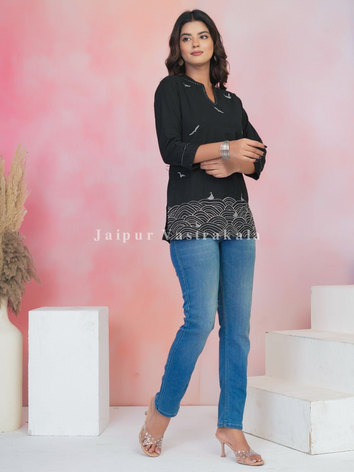 Black Beach Embroidery Cotton Linen Top