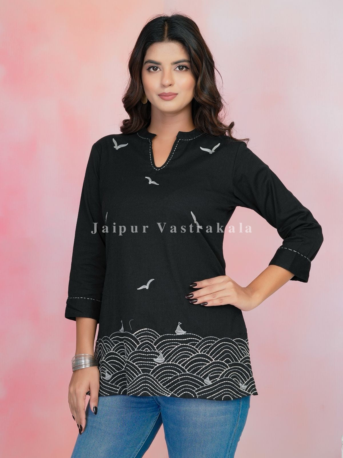 Black Beach Embroidery Cotton Linen Top