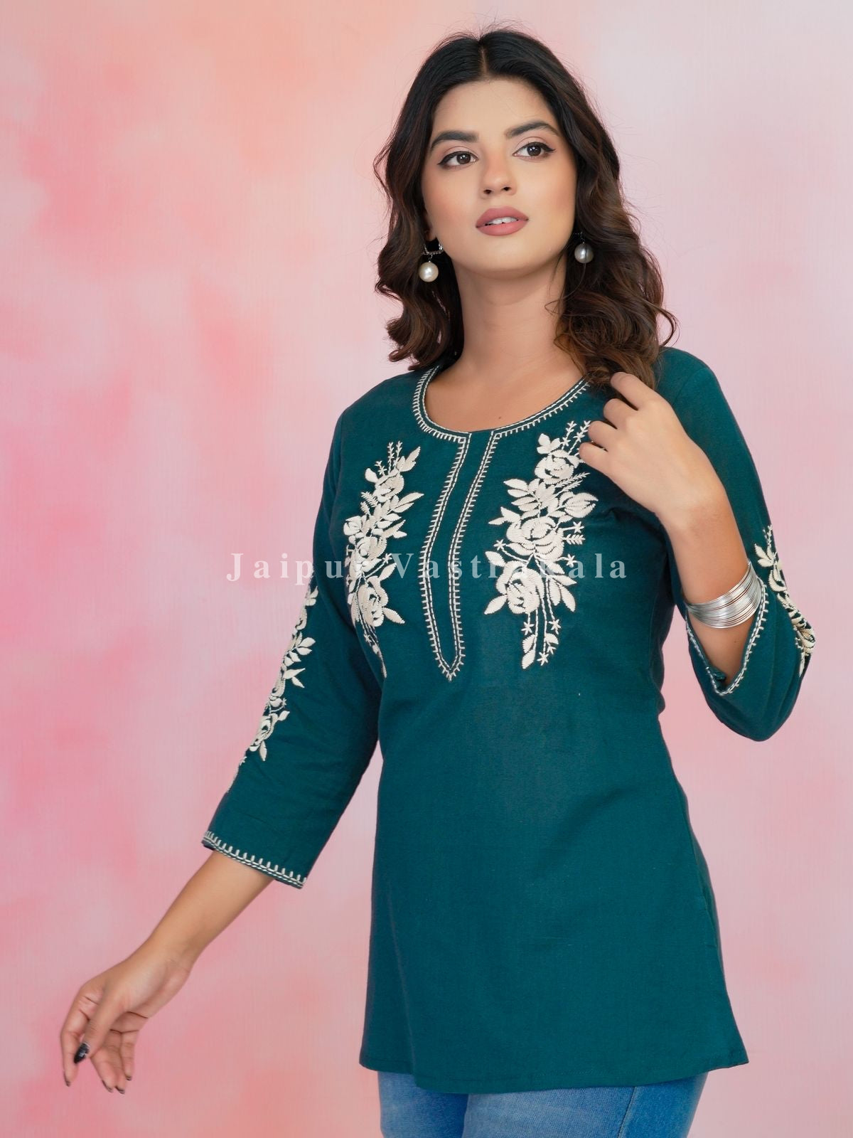 Teal Petal Vein Embroidery Cotton Linen Top