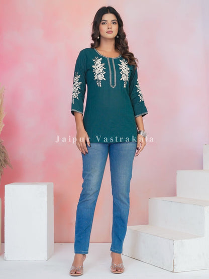 Teal Petal Vein Embroidery Cotton Linen Top