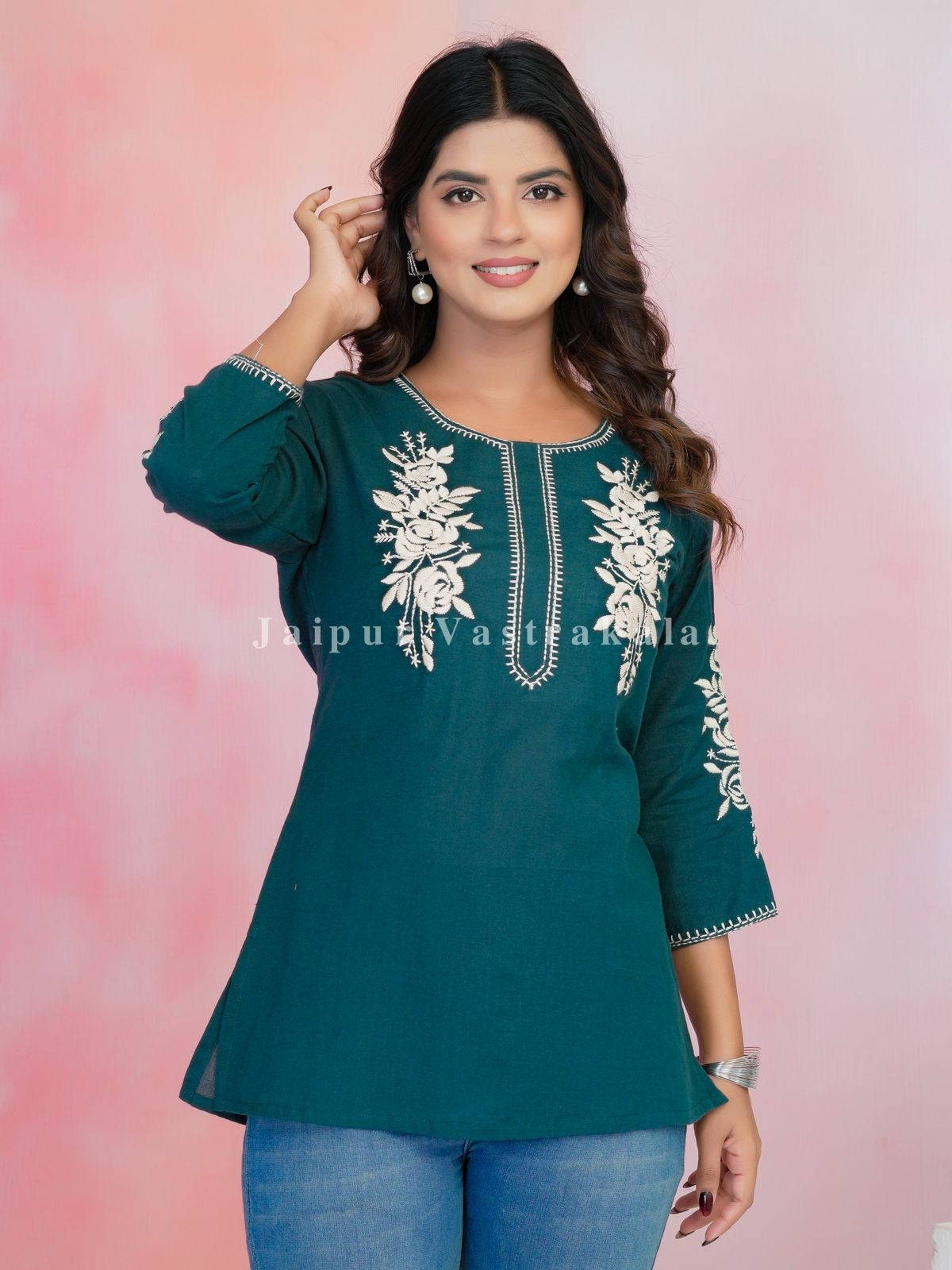 Teal Petal Vein Embroidery Cotton Linen Top