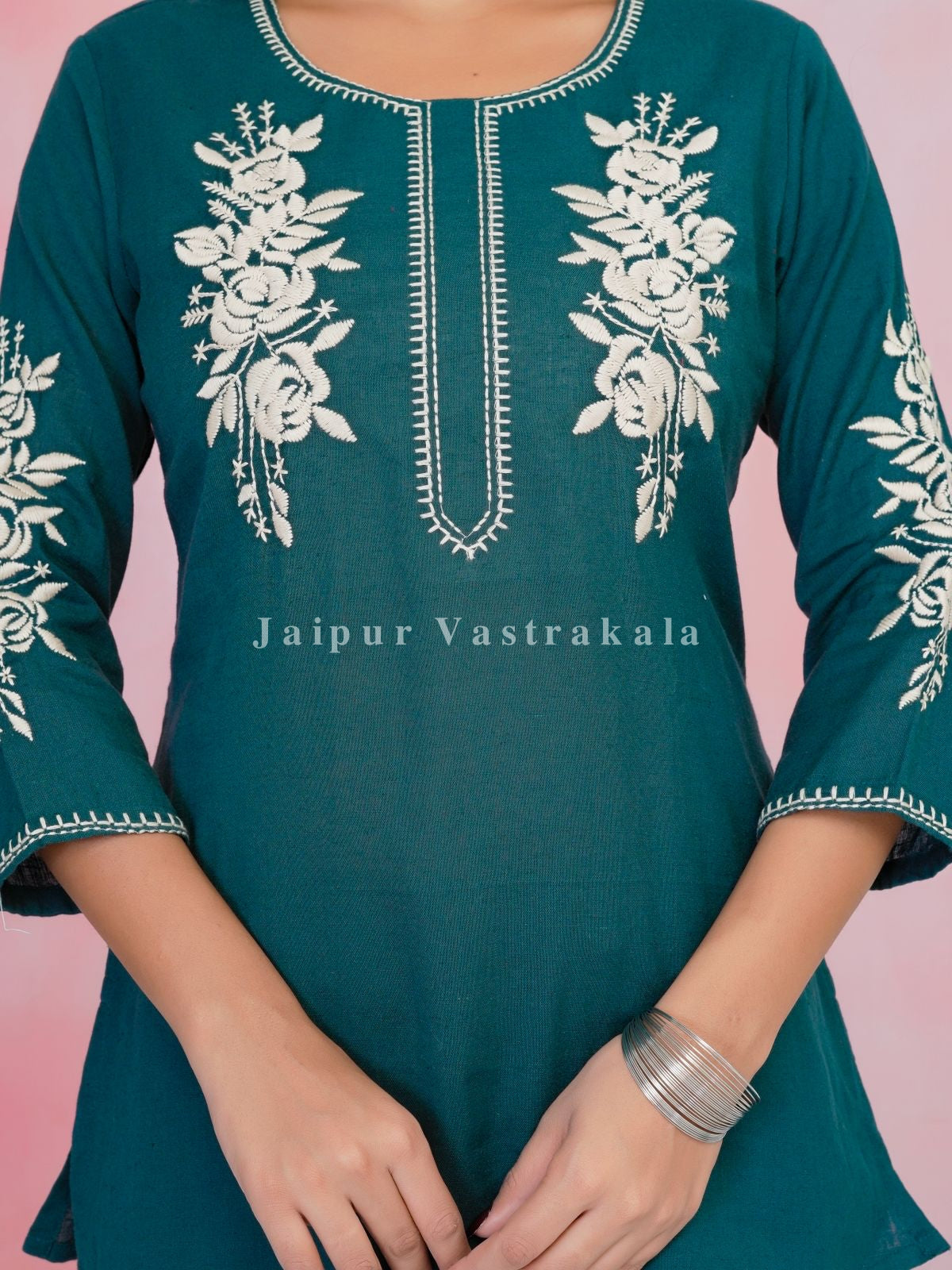 Teal Petal Vein Embroidery Cotton Linen Top