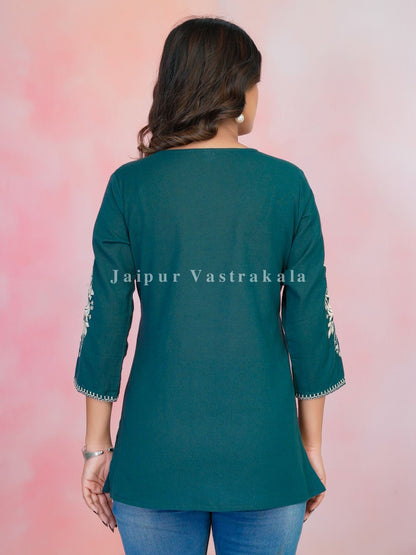 Teal Petal Vein Embroidery Cotton Linen Top