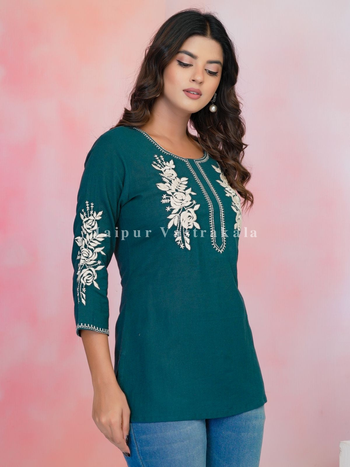 Teal Petal Vein Embroidery Cotton Linen Top