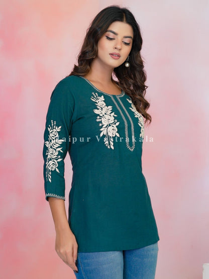 Teal Petal Vein Embroidery Cotton Linen Top