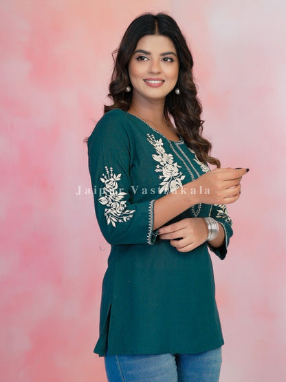 Teal Petal Vein Embroidery Cotton Linen Top