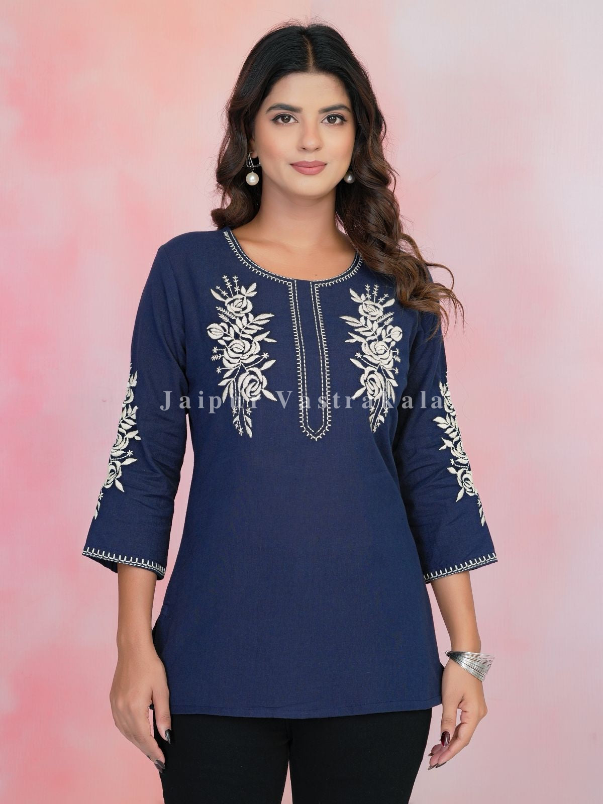 Navy Petal Vein Embroidery Cotton Linen Top
