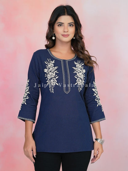 Navy Petal Vein Embroidery Cotton Linen Top
