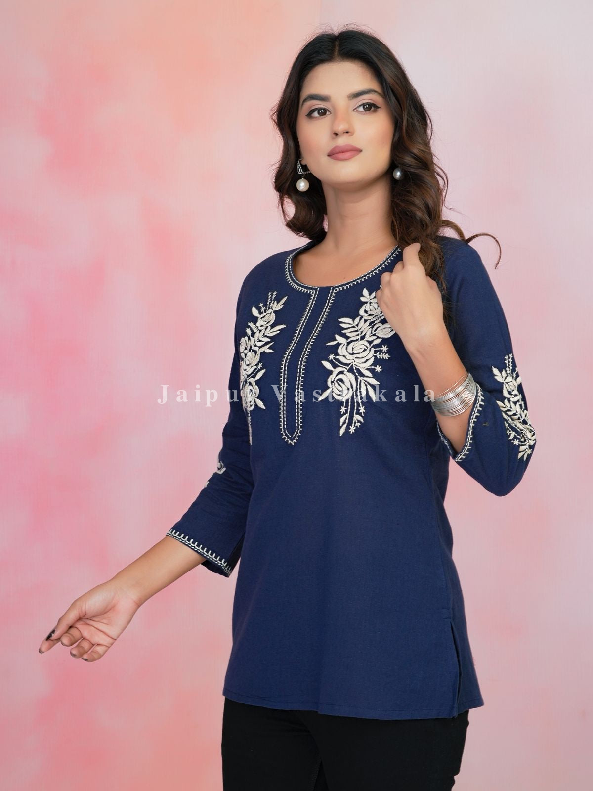Navy Petal Vein Embroidery Cotton Linen Top