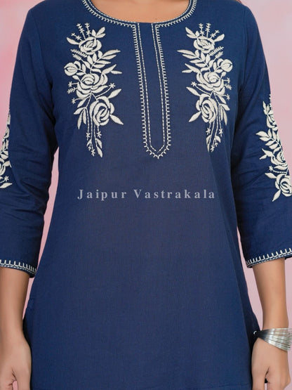Navy Petal Vein Embroidery Cotton Linen Top