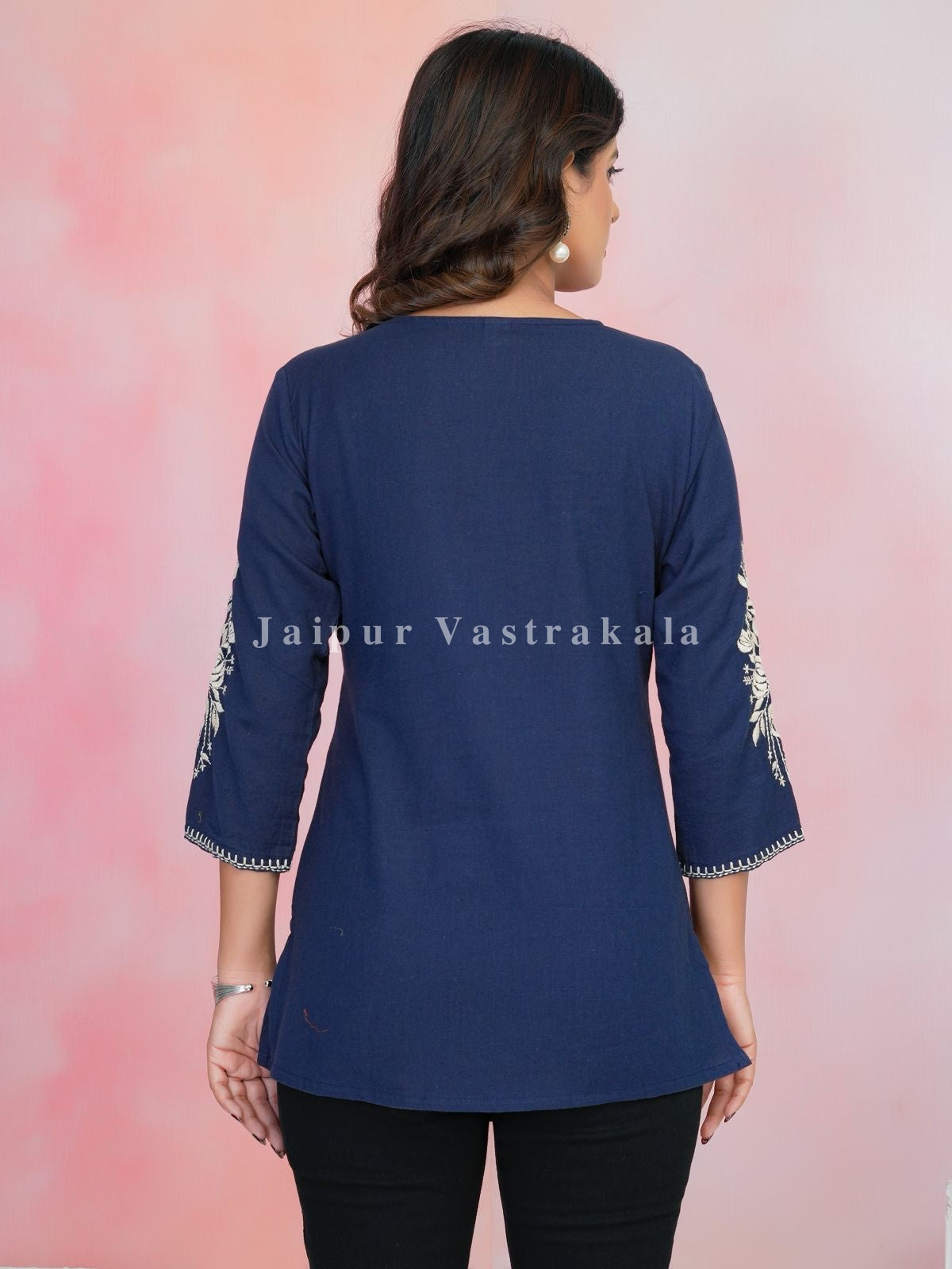 Navy Petal Vein Embroidery Cotton Linen Top