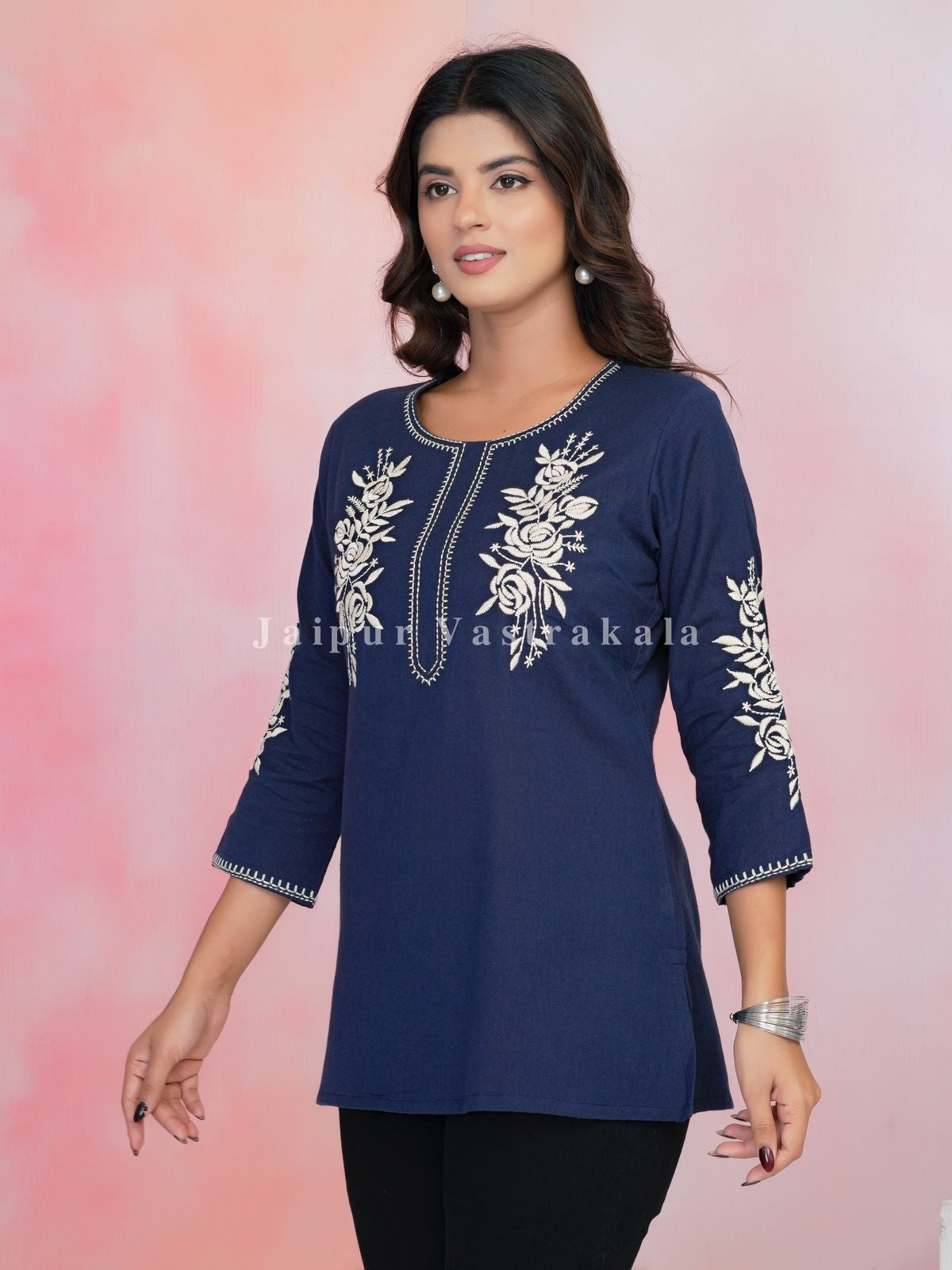 Navy Petal Vein Embroidery Cotton Linen Top