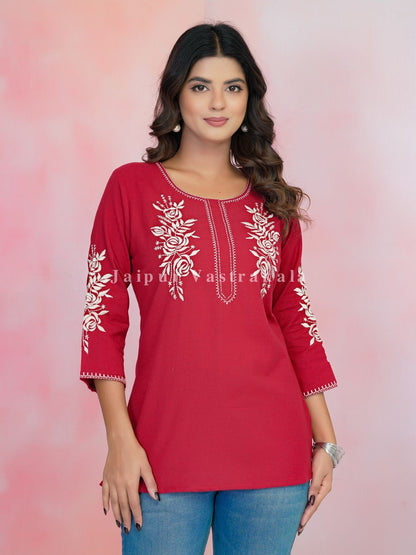 Red Petal Vein Embroidery Cotton Linen Top