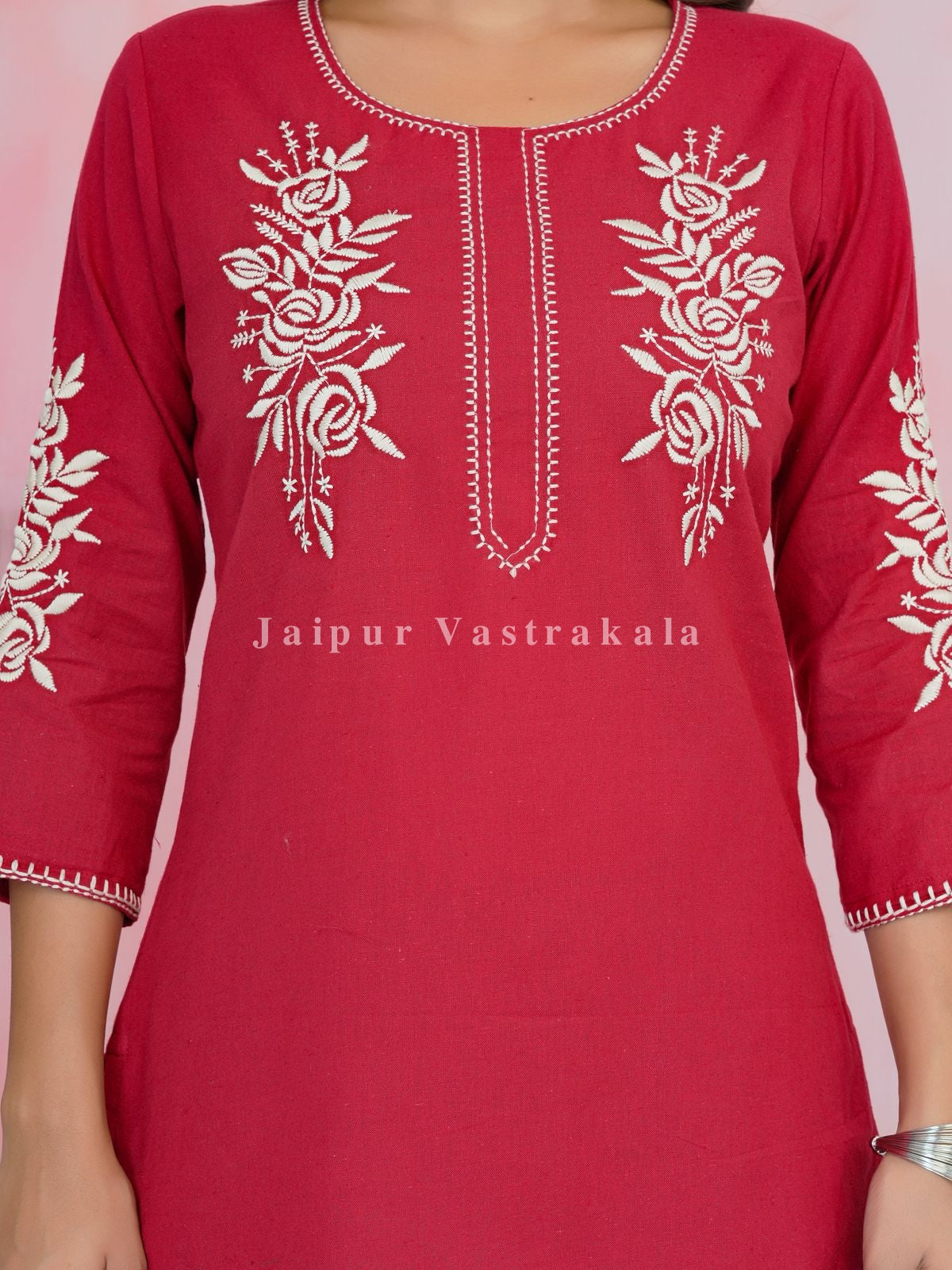 Red Petal Vein Embroidery Cotton Linen Top
