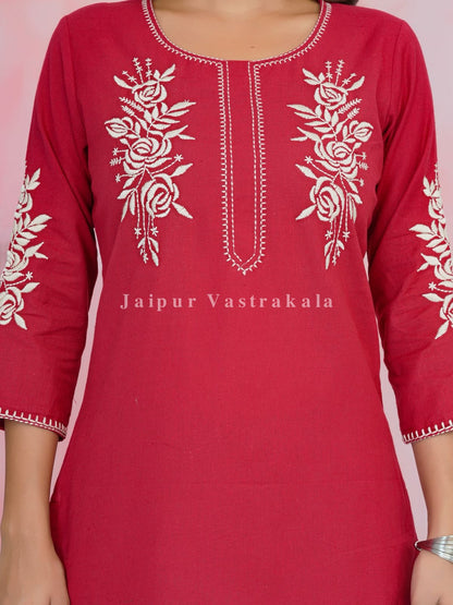 Red Petal Vein Embroidery Cotton Linen Top